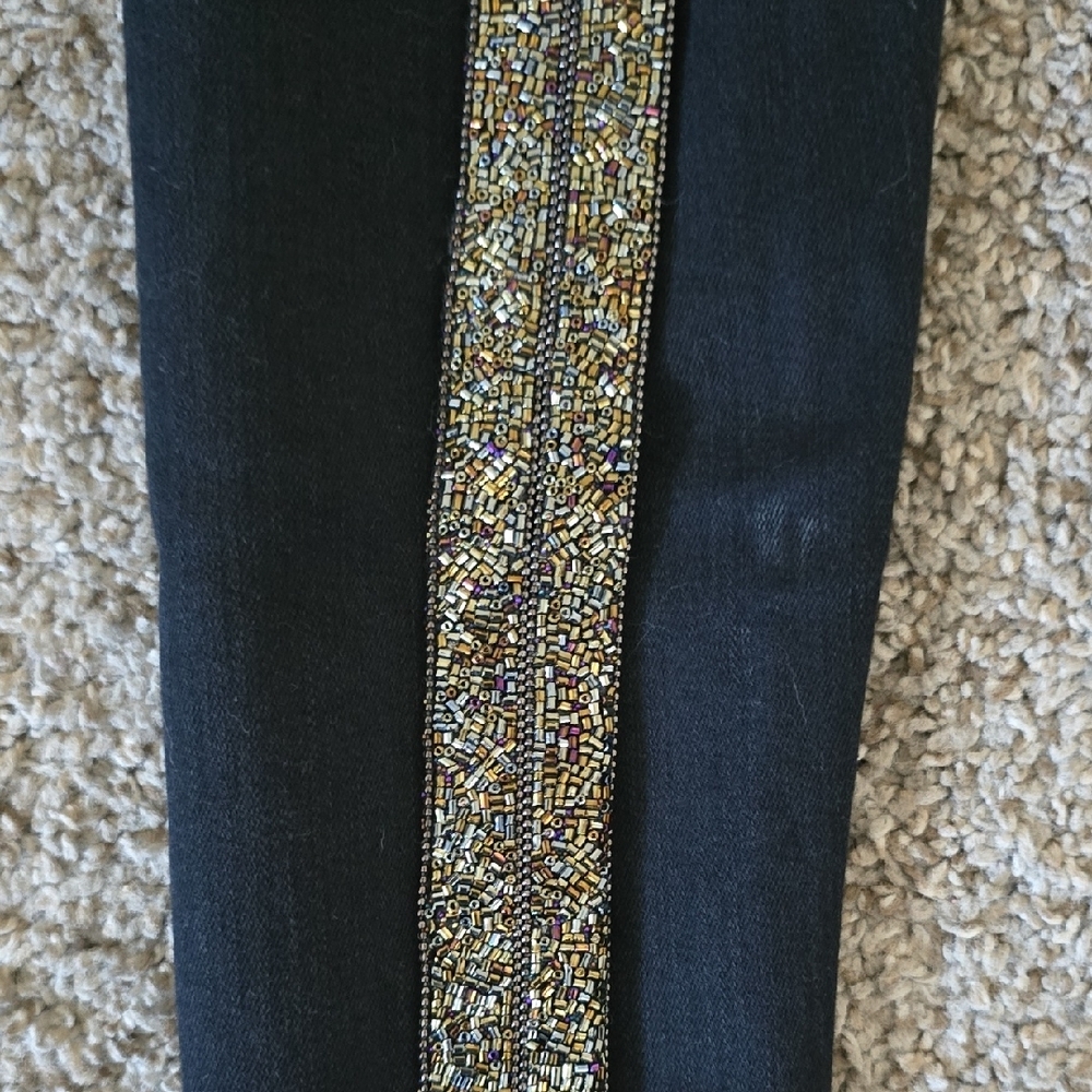 MOTHER Black Straight Leg Jeans with Gold Sequin Side Stripes - Picture 5 of 5